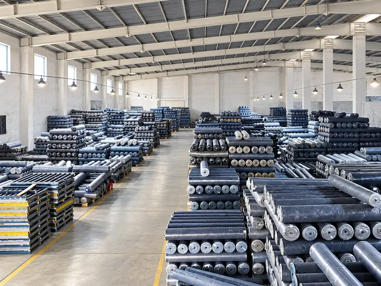 Denim fabric rolls in a ready-stock warehouse