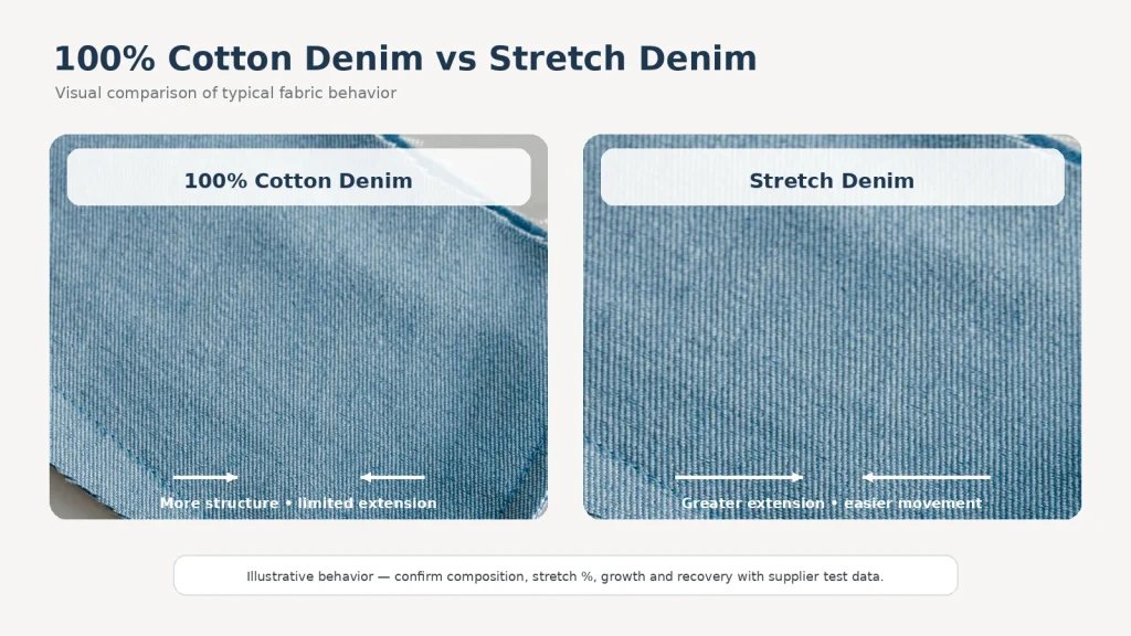 100% cotton denim vs stretch denim fabric comparison