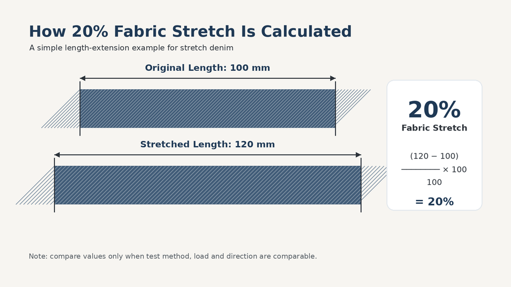 Example showing how 20 percent denim fabric stretch is calculated