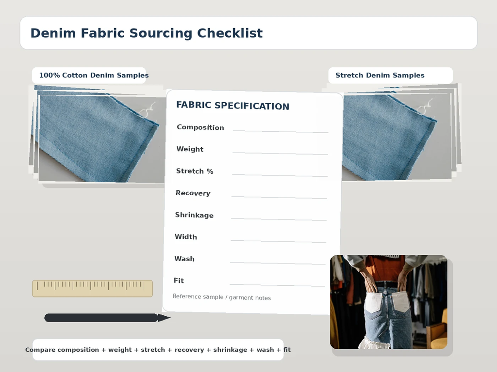 Buyer comparing 100% cotton denim and stretch denim fabric samples