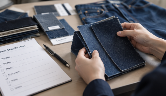 Buyer comparing denim fabric samples by weight, stretch, shrinkage and wash requirements