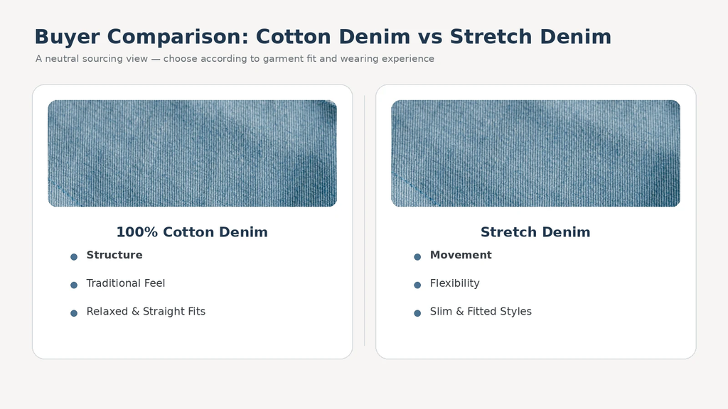 Comparison of 100% cotton denim and stretch denim for garment sourcing