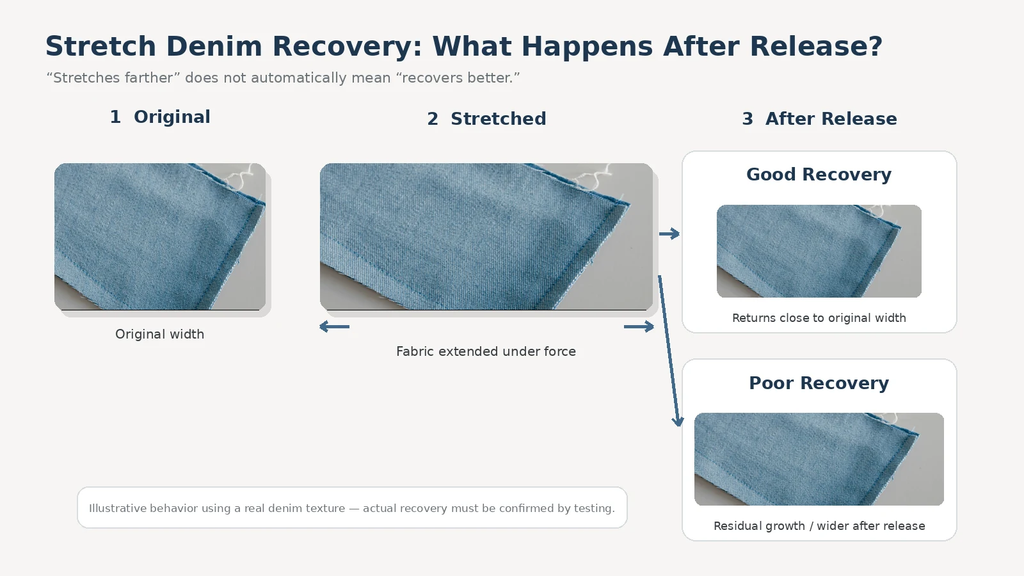 Stretch denim fabric comparison showing good and poor recovery