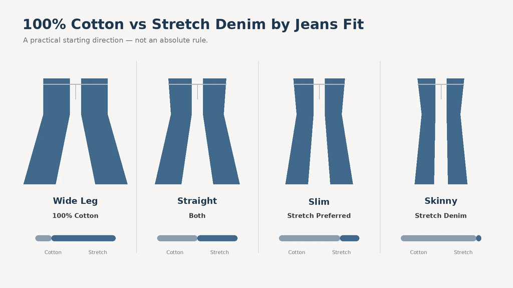 100% cotton vs stretch denim selection for wide, straight, slim and skinny jeans