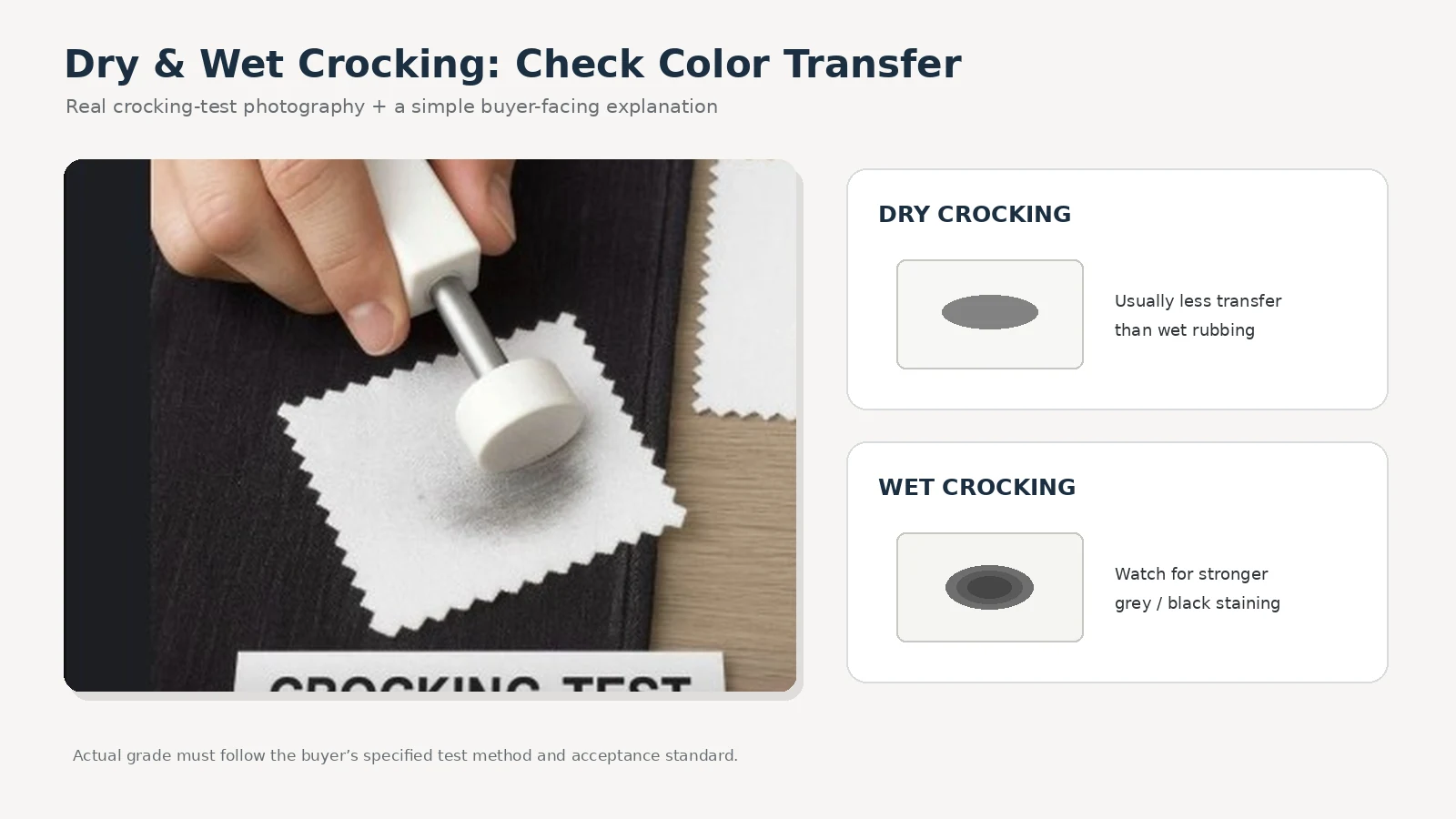Dry and wet crocking test for black denim fabric colorfastness