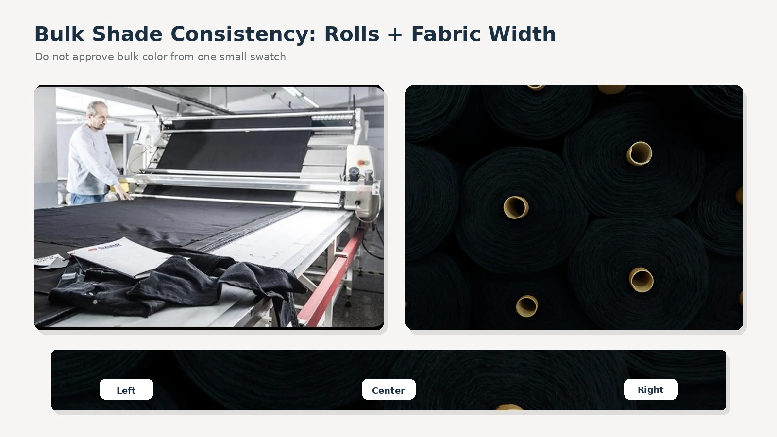 Checking black denim fabric shade consistency across rolls and fabric width